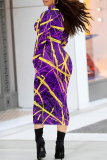 Gradient Print Contrast Half A Turtleneck Long Sleeve Casual Outing Bodycon Maxi Dress
