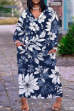 Sky Blue Street Outfits Floral Print V Neck Long Sleeve Plus Size Straight Loose Plus Size Midi Dress