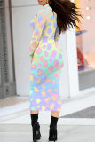 Gradient Print Contrast Half A Turtleneck Long Sleeve Casual Outing Bodycon Maxi Dress