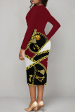 Claret Formal Office Chain Print O Neck Long Sleeve Casual Street Fall Outings Bodycon Pencil Ruched Bodycon Midi Dress