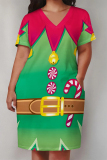Red Casual Party Wapiti Santa Claus Print Basic V Neck Long Sleeve Loose Pockets Straight Midi T-Shirt Dress