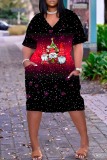 Black Red Casual Snowflakes Christmas Tree Print Basic V Neck Long Sleeve Loose Pockets Straight Midi T-Shirt Dress