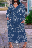 Sky Blue Street Outfits Floral Print V Neck Long Sleeve Plus Size Straight Loose Plus Size Midi Dress