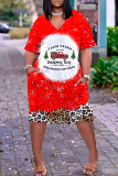 Black Red Casual Snowflakes Christmas Tree Print Basic V Neck Long Sleeve Loose Pockets Straight Midi T-Shirt Dress