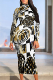 Gradient Print Contrast Half A Turtleneck Long Sleeve Casual Outing Bodycon Maxi Dress