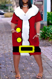 Red Casual Party Wapiti Santa Claus Print Basic V Neck Long Sleeve Loose Pockets Straight Midi T-Shirt Dress