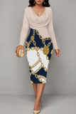 Claret Formal Office Chain Print O Neck Long Sleeve Casual Street Fall Outings Bodycon Pencil Ruched Bodycon Midi Dress