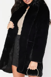 Black Casual Pocket Buckle Turndown Collar Long Sleeve Winter Cardigan Plush Jacket