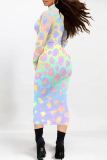 Gradient Print Contrast Half A Turtleneck Long Sleeve Casual Outing Bodycon Maxi Dress