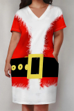 Red Casual Party Wapiti Santa Claus Print Basic V Neck Long Sleeve Loose Pockets Straight Midi T-Shirt Dress