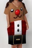 Red Casual Party Wapiti Santa Claus Print Basic V Neck Long Sleeve Loose Pockets Straight Midi T-Shirt Dress