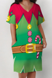 Red Casual Party Wapiti Santa Claus Print Basic V Neck Long Sleeve Loose Pockets Straight Midi T-Shirt Dress