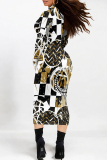 Gradient Print Contrast Half A Turtleneck Long Sleeve Casual Outing Bodycon Maxi Dress