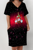 Black Red Casual Snowflakes Christmas Tree Print Basic V Neck Long Sleeve Loose Pockets Straight Midi T-Shirt Dress