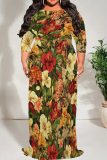 Red White Three Quarter O Neck Floor Length High Waist Lace Up Vacation Casual Outing Loose Maxi Dress
