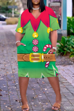 Red Casual Party Wapiti Santa Claus Print Basic V Neck Long Sleeve Loose Pockets Straight Midi T-Shirt Dress