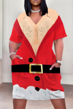Red Casual Party Wapiti Santa Claus Print Basic V Neck Long Sleeve Loose Pockets Straight Midi T-Shirt Dress