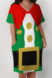 Red Casual Party Wapiti Santa Claus Print Basic V Neck Long Sleeve Loose Pockets Straight Midi T-Shirt Dress
