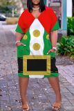 Red Casual Party Wapiti Santa Claus Print Basic V Neck Long Sleeve Loose Pockets Straight Midi T-Shirt Dress