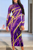 Gradient Print Contrast Half A Turtleneck Long Sleeve Casual Outing Bodycon Maxi Dress