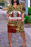 Black Red Casual Snowflakes Christmas Tree Print Basic V Neck Long Sleeve Loose Pockets Straight Midi T-Shirt Dress