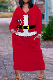 White Red Christmas Party Outfits Santa Claus Print V Neck Long Sleeve Plus Size Straight Loose Midi Dress