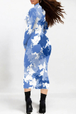 Gradient Print Contrast Half A Turtleneck Long Sleeve Casual Outing Bodycon Maxi Dress