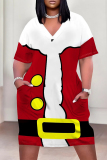 Red Casual Party Wapiti Santa Claus Print Basic V Neck Long Sleeve Loose Pockets Straight Midi T-Shirt Dress