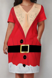 Red Casual Party Wapiti Santa Claus Print Basic V Neck Long Sleeve Loose Pockets Straight Midi T-Shirt Dress