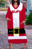 White Red Christmas Party Outfits Santa Claus Print V Neck Long Sleeve Plus Size Straight Loose Midi Dress