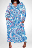 Sky Blue Street Outfits Floral Print V Neck Long Sleeve Plus Size Straight Loose Plus Size Midi Dress