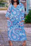 Sky Blue Street Outfits Floral Print V Neck Long Sleeve Plus Size Straight Loose Plus Size Midi Dress