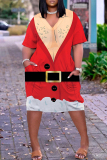 Red Casual Party Wapiti Santa Claus Print Basic V Neck Long Sleeve Loose Pockets Straight Midi T-Shirt Dress
