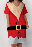 Red Casual Party Wapiti Santa Claus Print Basic V Neck Long Sleeve Loose Pockets Straight Midi T-Shirt Dress