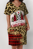 Black Red Casual Snowflakes Christmas Tree Print Basic V Neck Long Sleeve Loose Pockets Straight Midi T-Shirt Dress