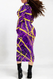 Gradient Print Contrast Half A Turtleneck Long Sleeve Casual Outing Bodycon Maxi Dress