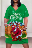 Black Red Casual Snowflakes Christmas Tree Print Basic V Neck Long Sleeve Loose Pockets Straight Midi T-Shirt Dress