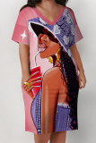 Light Blue Casual Cartoon Print Basic V Neck Long Sleeve Loose Pockets Straight Midi T-Shirt Dress