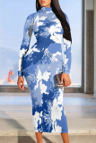 Gradient Print Contrast Half A Turtleneck Long Sleeve Casual Outing Bodycon Maxi Dress