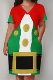 Red Casual Party Wapiti Santa Claus Print Basic V Neck Long Sleeve Loose Pockets Straight Midi T-Shirt Dress