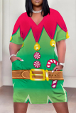 Red Casual Party Wapiti Santa Claus Print Basic V Neck Long Sleeve Loose Pockets Straight Midi T-Shirt Dress