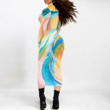 Gradient Print Contrast Half A Turtleneck Long Sleeve Casual Outing Bodycon Maxi Dress