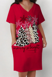 Black Red Casual Snowflakes Christmas Tree Print Basic V Neck Long Sleeve Loose Pockets Straight Midi T-Shirt Dress