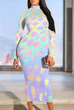 Gradient Print Contrast Half A Turtleneck Long Sleeve Casual Outing Bodycon Maxi Dress
