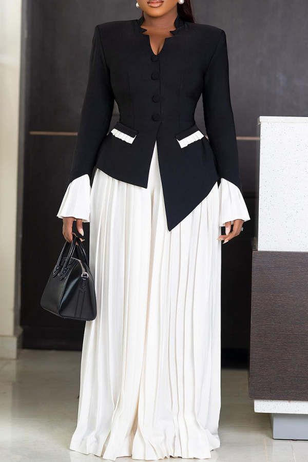 Black Buttons V Neck Long Sleeve Blazer And Pleated Maxi Skirt Formal Office Evening Party Two Pieces Dress Sets