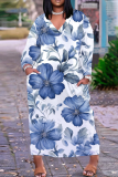 Sky Blue Street Outfits Floral Print V Neck Long Sleeve Plus Size Straight Loose Plus Size Midi Dress