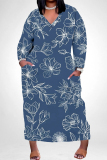 Sky Blue Street Outfits Floral Print V Neck Long Sleeve Plus Size Straight Loose Plus Size Midi Dress
