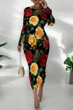 Black Yellow Floral Print O Neck Long Sleeve Casual Street Fall Outings Bodycon Pencil Midi Dress