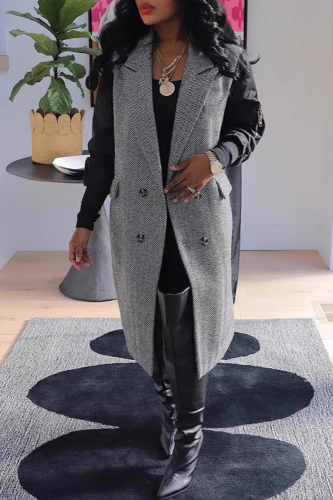 Black Buttons Turndown Collar Long Sleeve Patchwork Longline Winter Warm Windbreaker