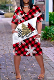 Black Red Casual Snowflakes Christmas Tree Print Basic V Neck Long Sleeve Loose Pockets Straight Midi T-Shirt Dress